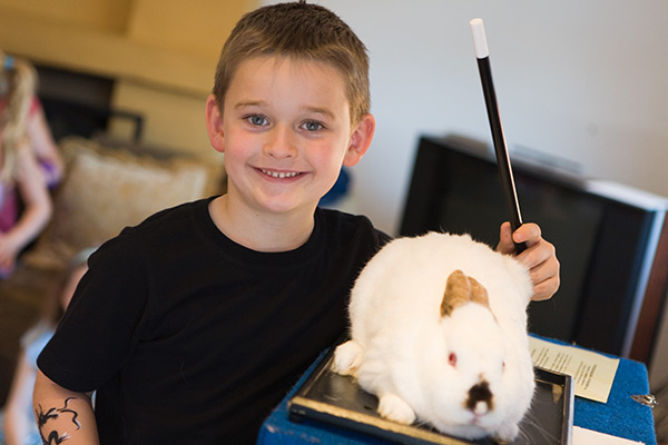 Magic Glen - Boy holding a magic wand and a rabbit on the table